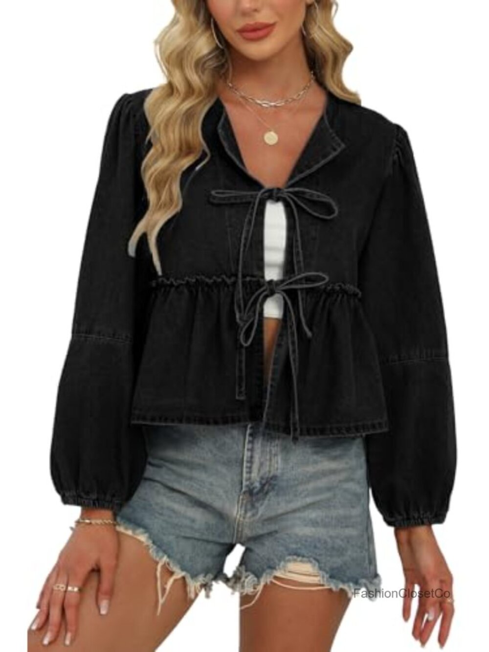 D-Sun Womens Tie Front Peplum Babydoll Denim Shirt V-Neck Long Puff Sleeve Top
